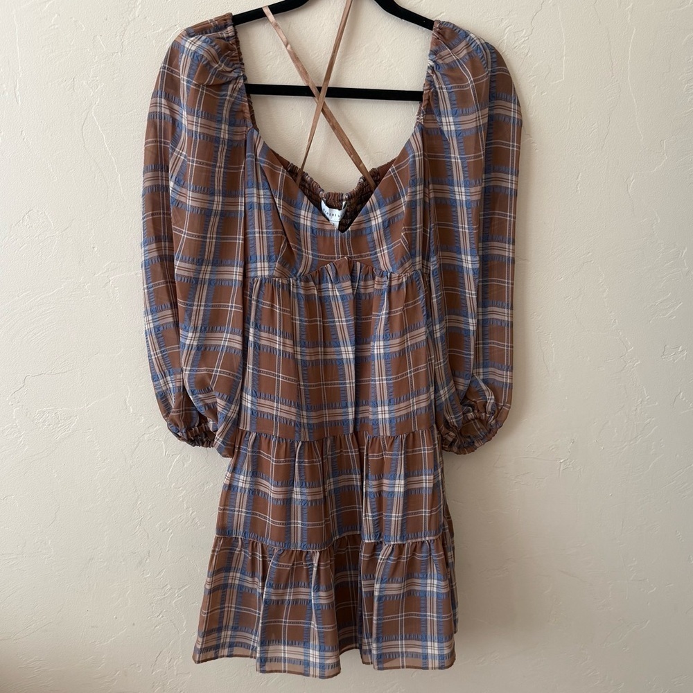 Brown Blue Plaid Babydoll Mini Dress Coquette Gianni Bini NWT S - Picture 2 of 9